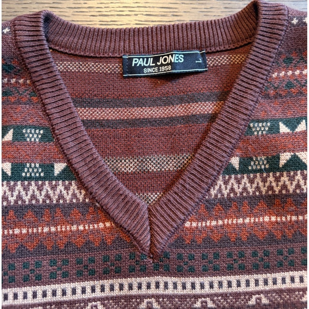 Paul Jones Mens Fair Isle Sweater Vest V-Neck Burgundy Brown Geometric Knit L - Picture 2 of 4